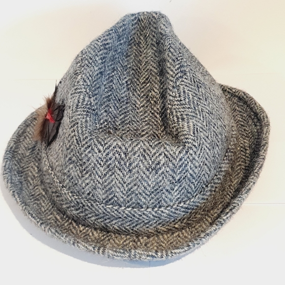 Harris Tweed Dunn & Co Hat Trilby Grey Herringbone Feather Vintage Size 7 57cm - Picture 8 of 8